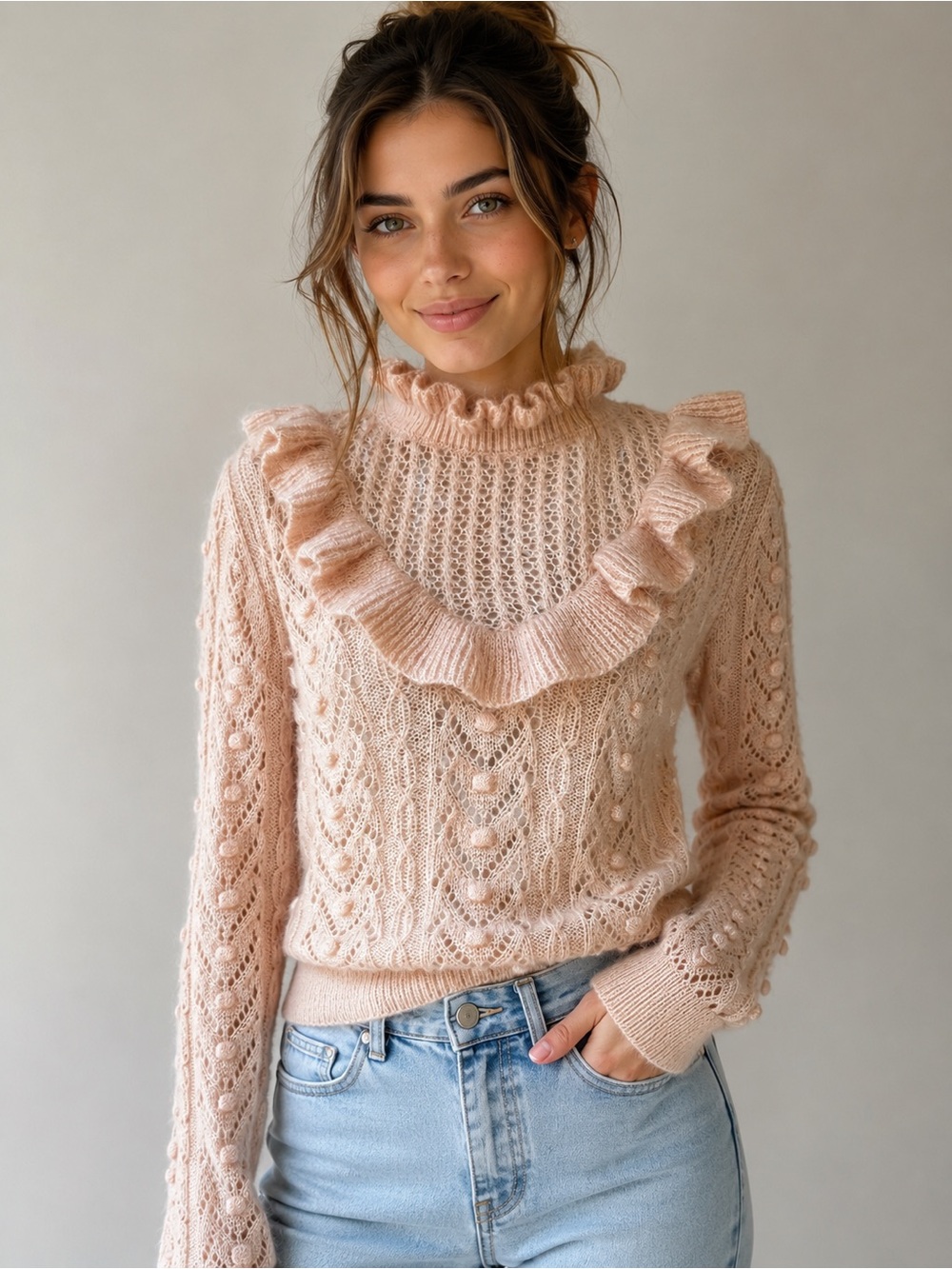 Zara Pink Mohair Wool Open Knit Ruffle Bobble Sweater Romantic Size S